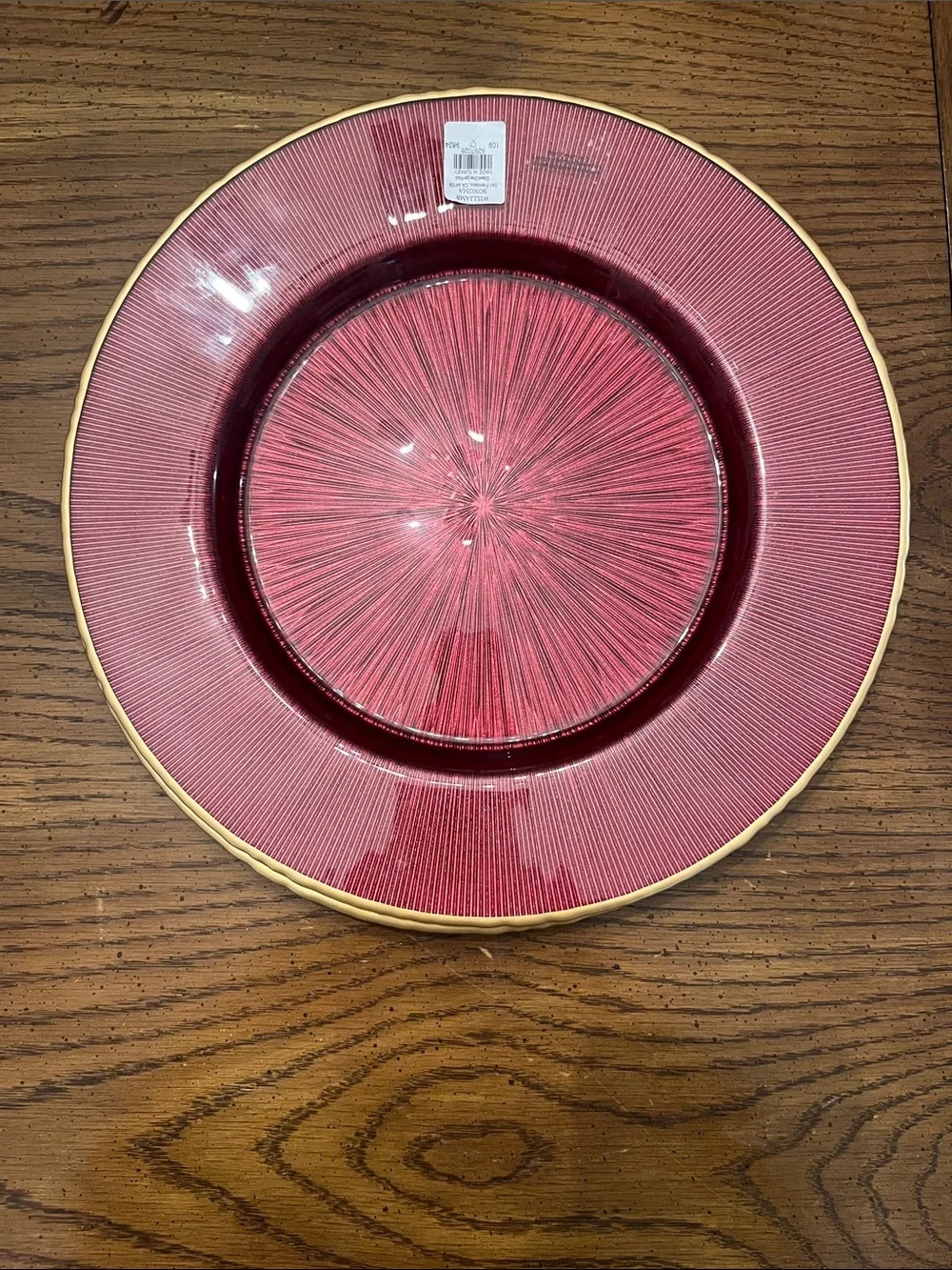Williams Sonoma Red Charger Glass Plates with Gold Trim, new with tags